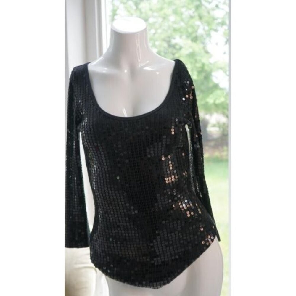 Express Black Sequins 100% Pima Cotton 3/4 Sleeve Top VTG Y2K